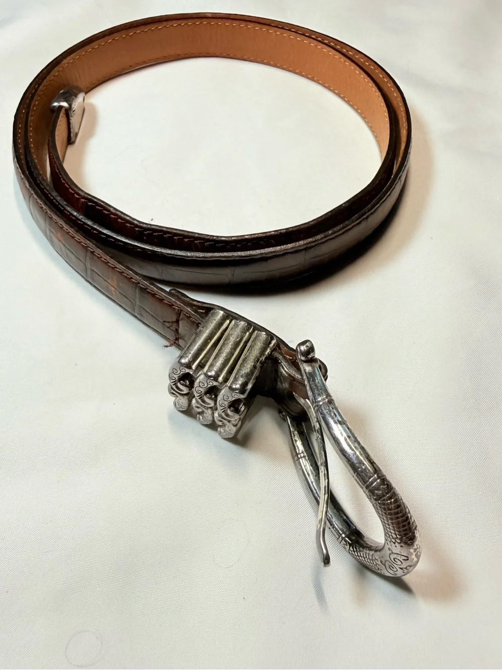 Brighton Brown Croc Embossed Leather Belt Silver Hardware Size 36 XL (B1043T)